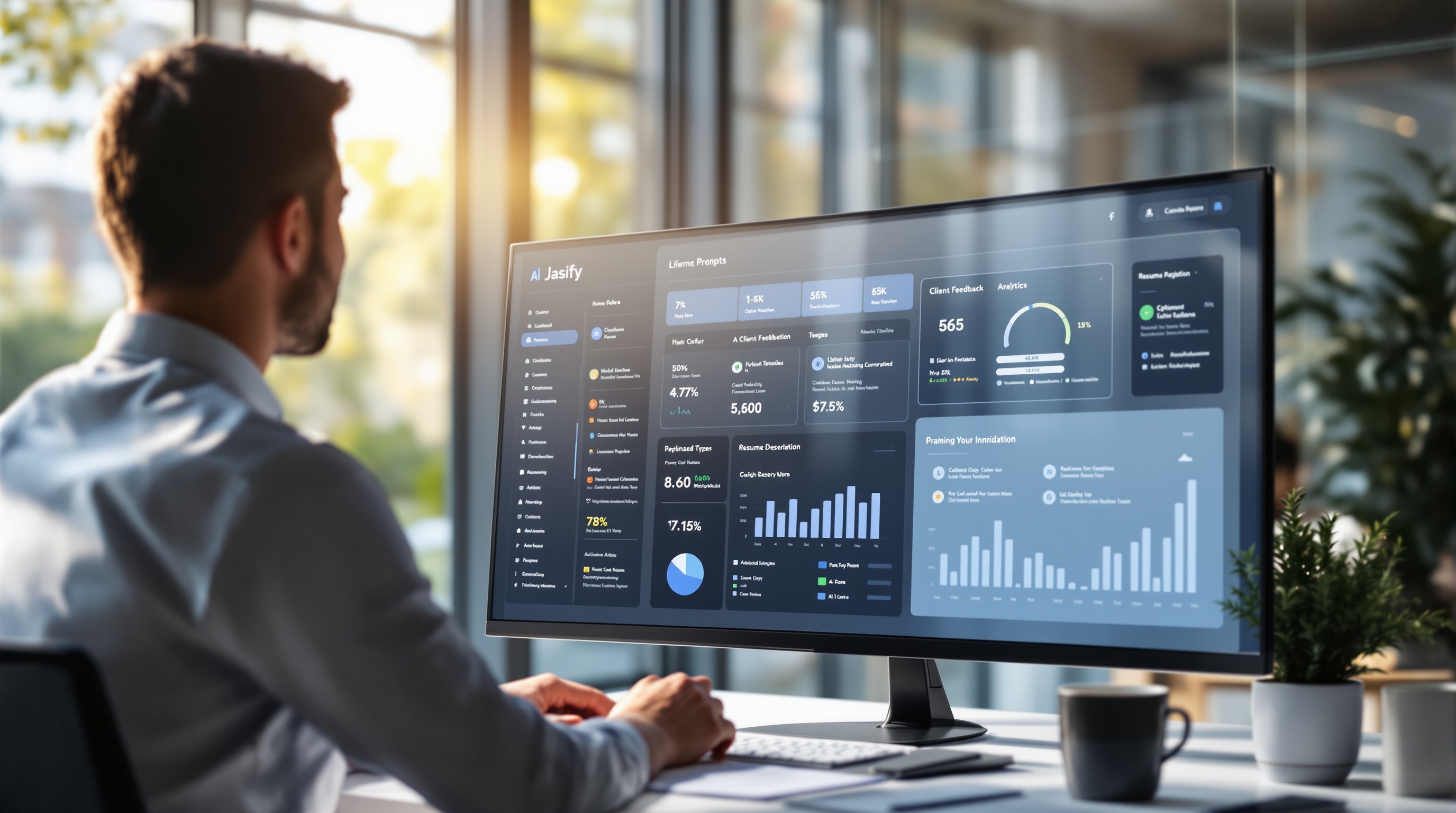 Realistic business scenario showing Jasify dashboard with client feedback automation metrics and resume optimization tools, representing applied prompt engineering.