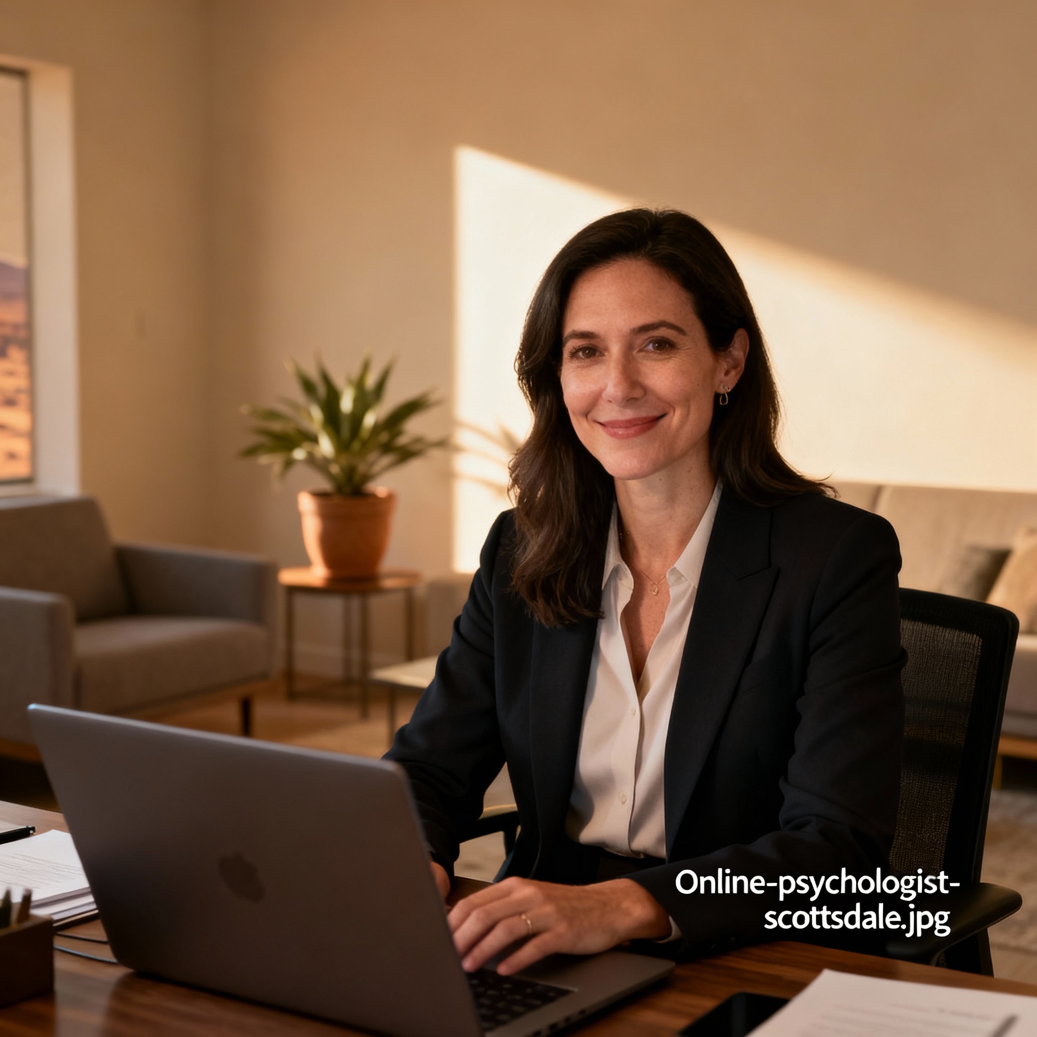 Photorealistic, respectful portrait of a licensed clinician on a video call, warm lighting, modern home office in backgrou...