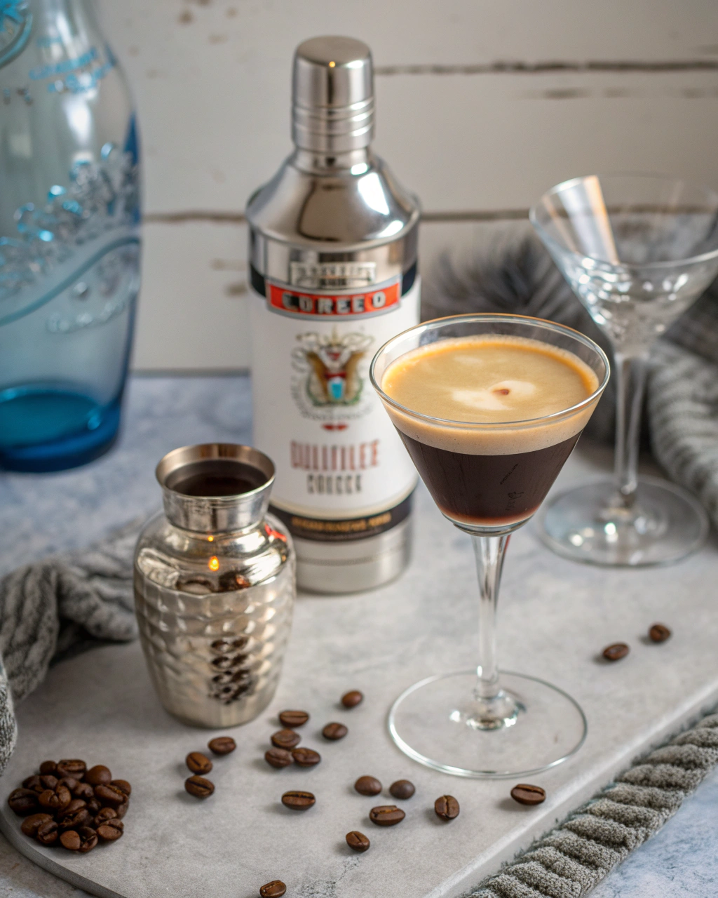 Non-Alcoholic Espresso Martini ingredients laid out on clean white counter