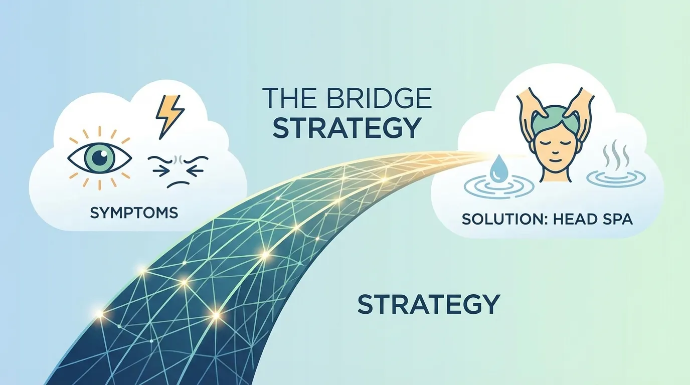 Visual representation of the 'bridge strategy' connecting symptoms like eye strain to the solution of a head spa.