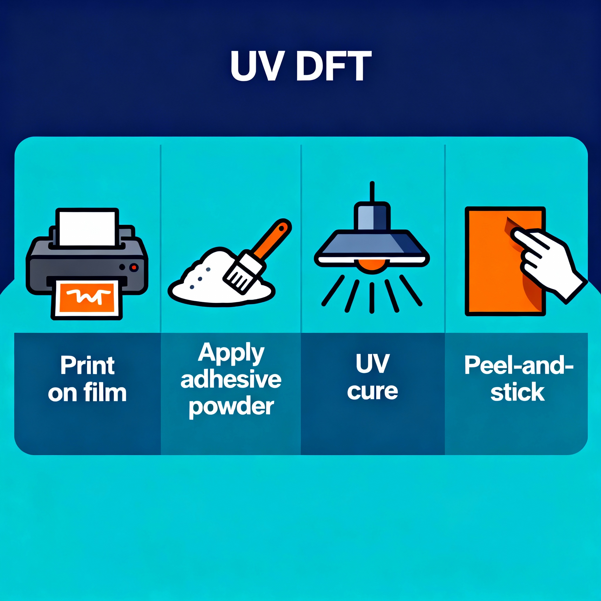 Infographic-style minimalist diagram showing the UV DTF production process in four steps: Print on film, apply adhesive po...