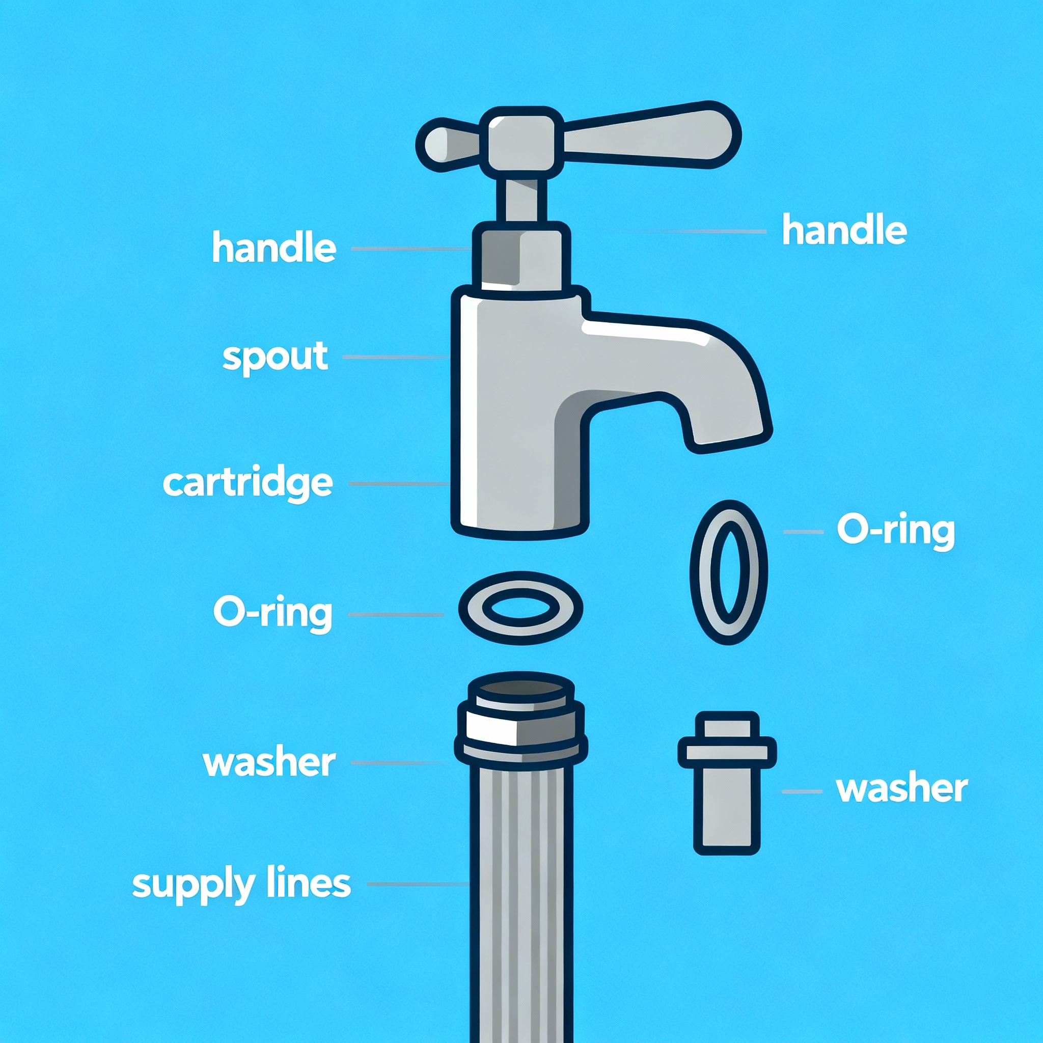 Clean exploded-diagram style infographic of a faucet showing labeled parts: handle, spout, cartridge, O-ring, washer, supp...
