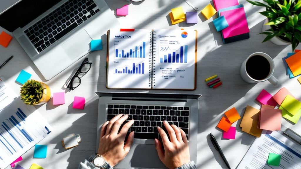 Content marketing planning with organized notes and digital tools