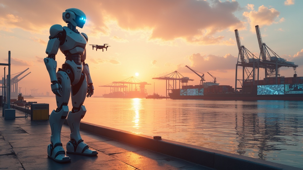 Visión futurista de la logística portuaria con flujos de datos y automatización robótica.
