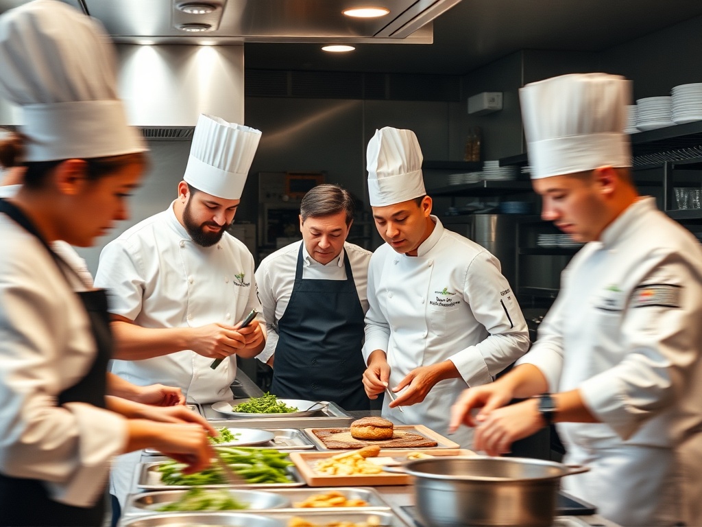 Team of professional chefs working together in busy restaurant kitchen coordinating with diverse young staff in modern kitchen environment