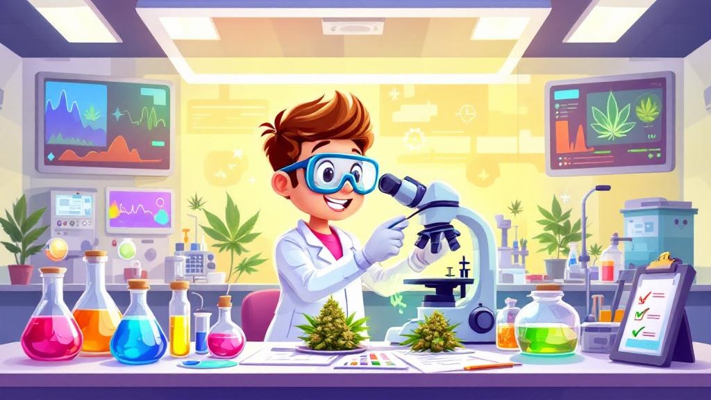 Cartoon laboratory cannabis quality testing illustration