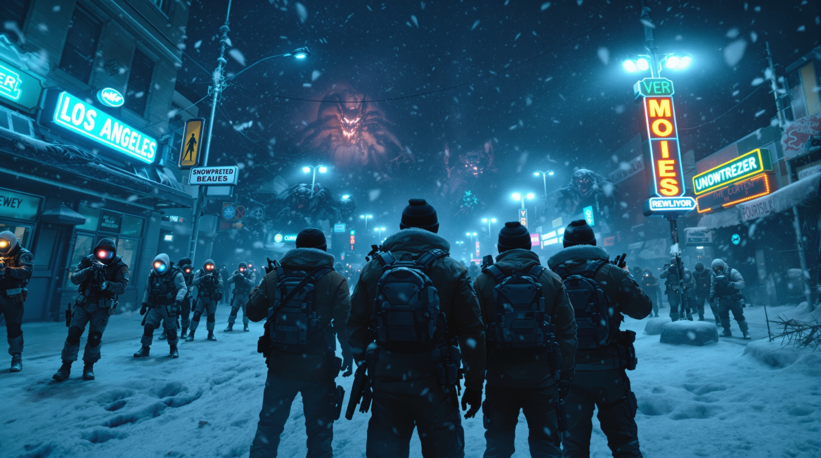 Un equipo de jugadores en After the Fall luchando contra una horda de Snowbreed en un entorno nevado.