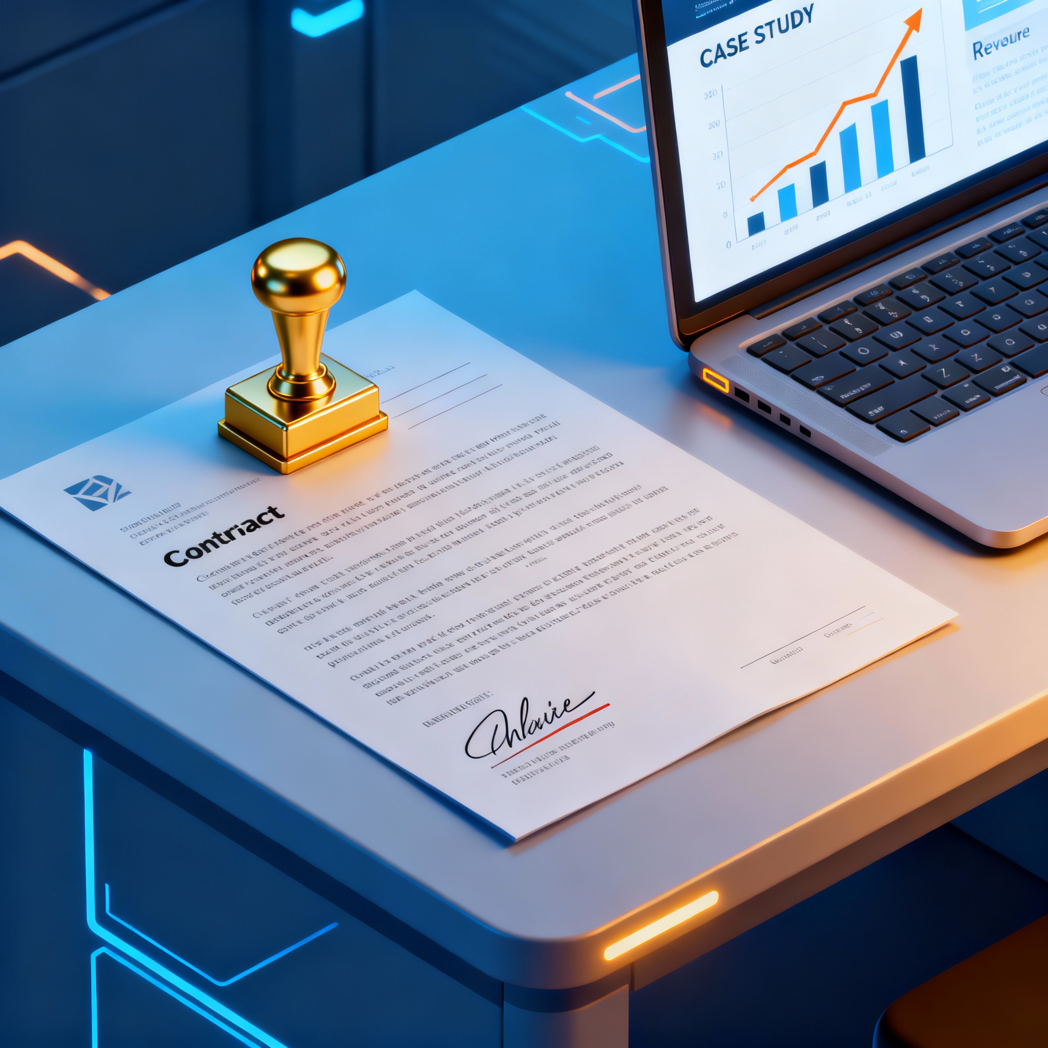 Isometric 3D view of a contract on desk with stamped approval, laptop showing a case study chart with rising revenue, mode...
