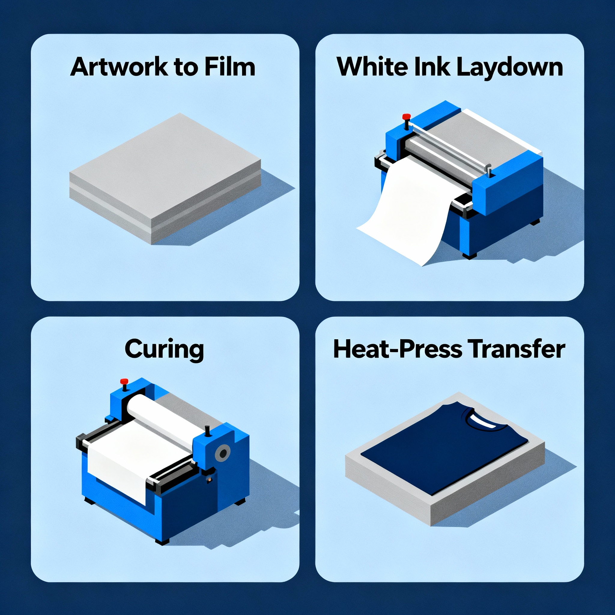 Isometric diagram showing the DTF process steps in four panels: artwork to film, white ink laydown, curing, heat-press tra...