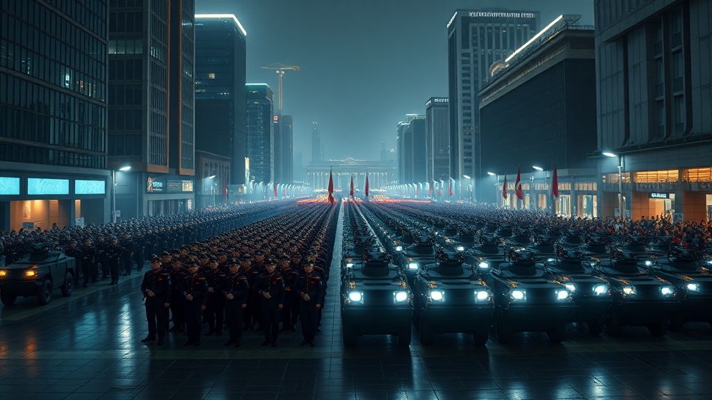 도시 광장에서의 엄숙한 야간 행렬을 영화적 느낌으로 담은 장면