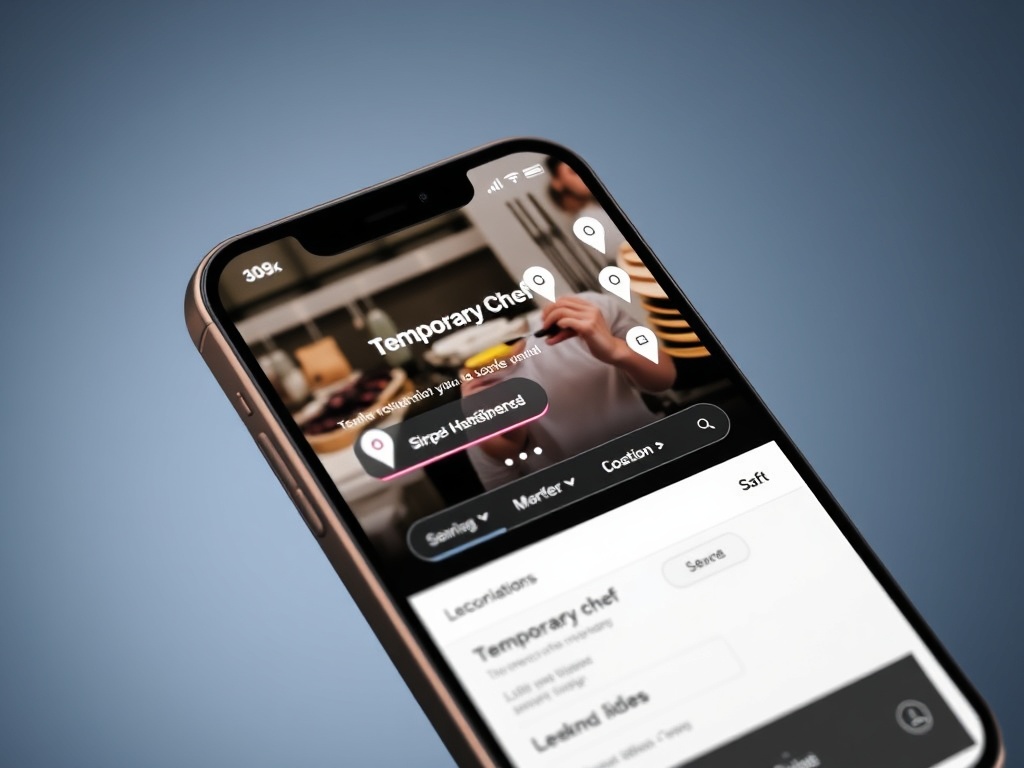 Mobile phone screen showing job booking interface for temporary chef positions with user-friendly app, London location markers, simple clean design