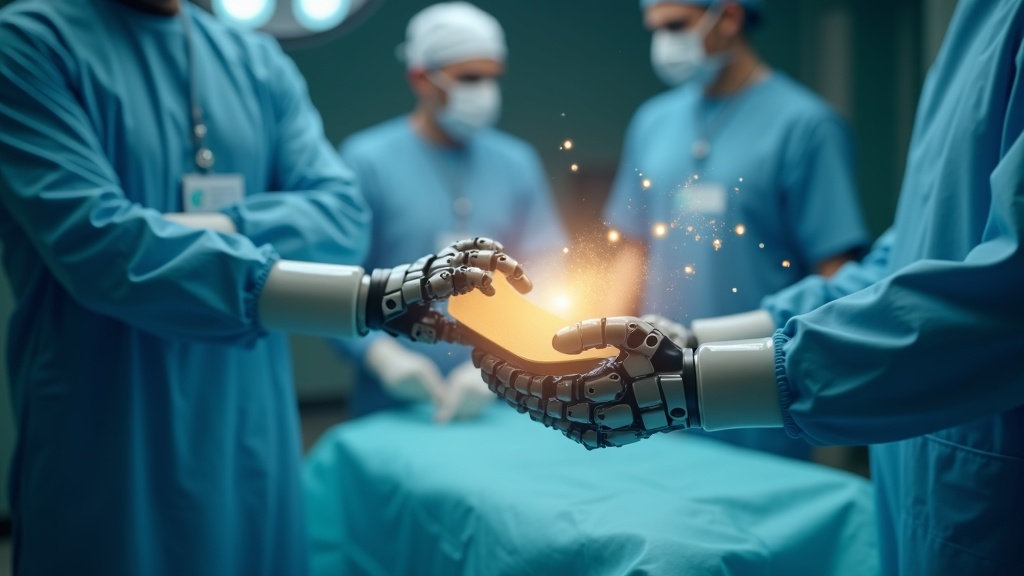 Personal sanitario trabajando en un entorno hospitalario moderno mejorado por la automatización robótica.