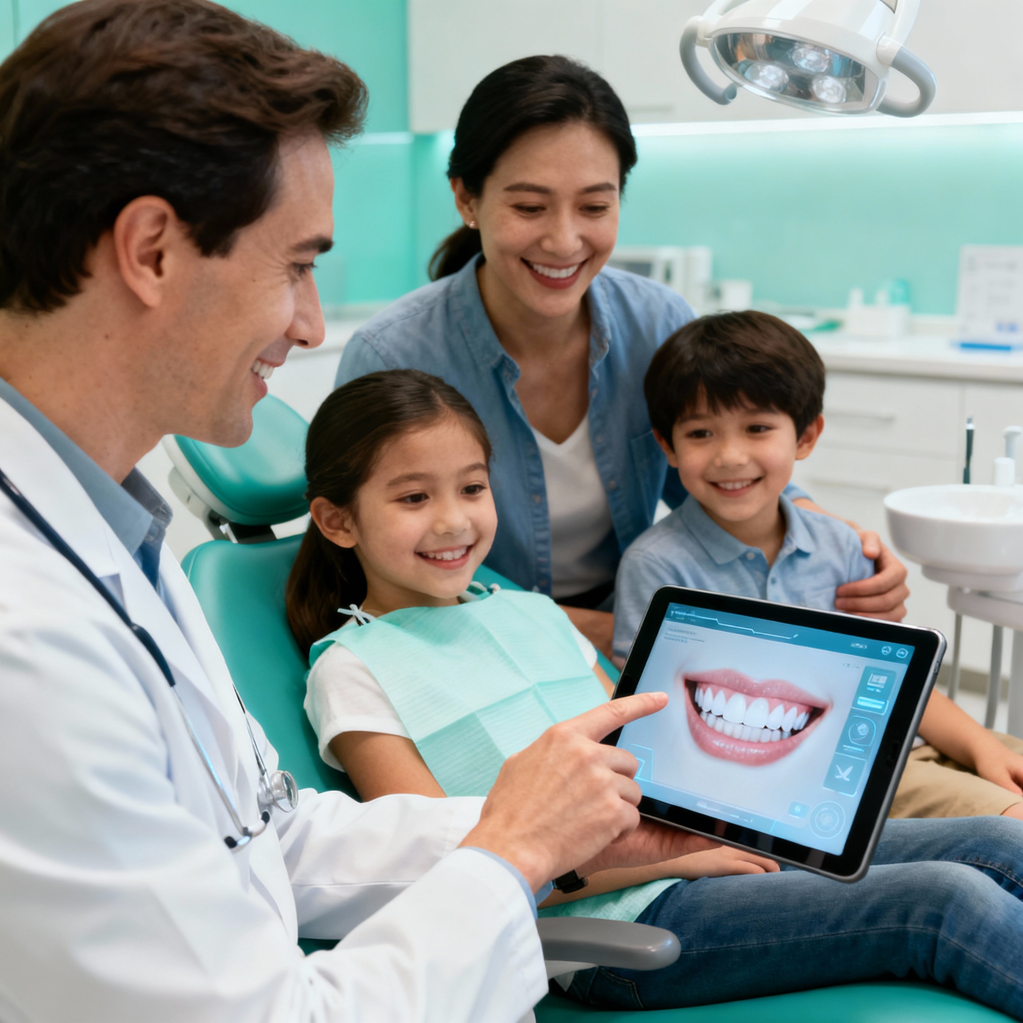 Modern in-office scene, photorealistic close-up of a dentist consulting with a smiling family in an exam room, dentist poi...
