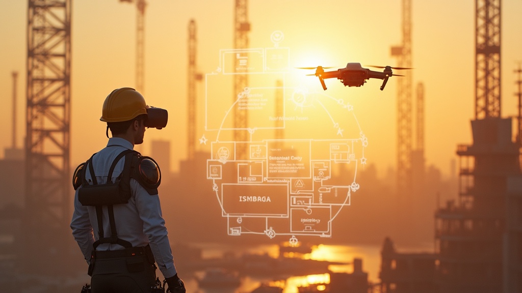 Drone usando tecnología para la prevención de accidentes en construcción durante una inspección aérea