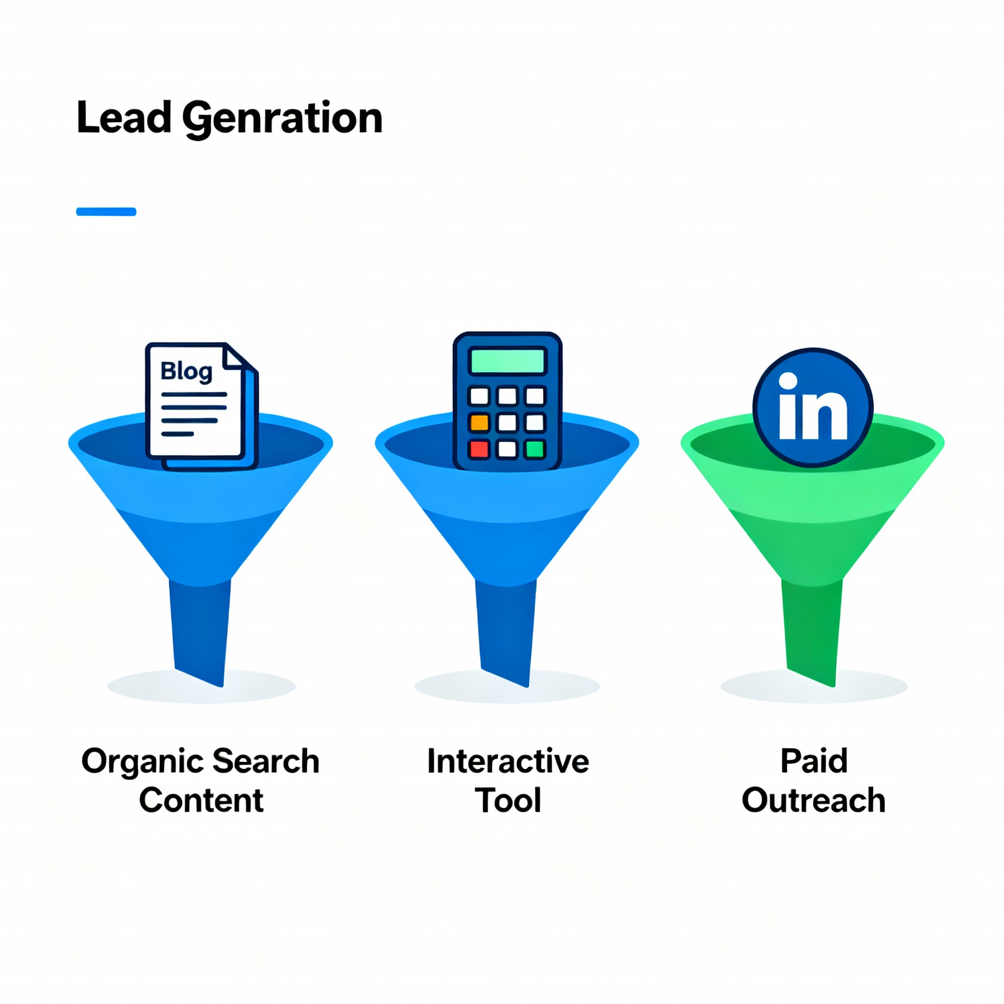 Modern illustrative infographic showing three lead-generation funnels side by side: organic search content funnel, interac...