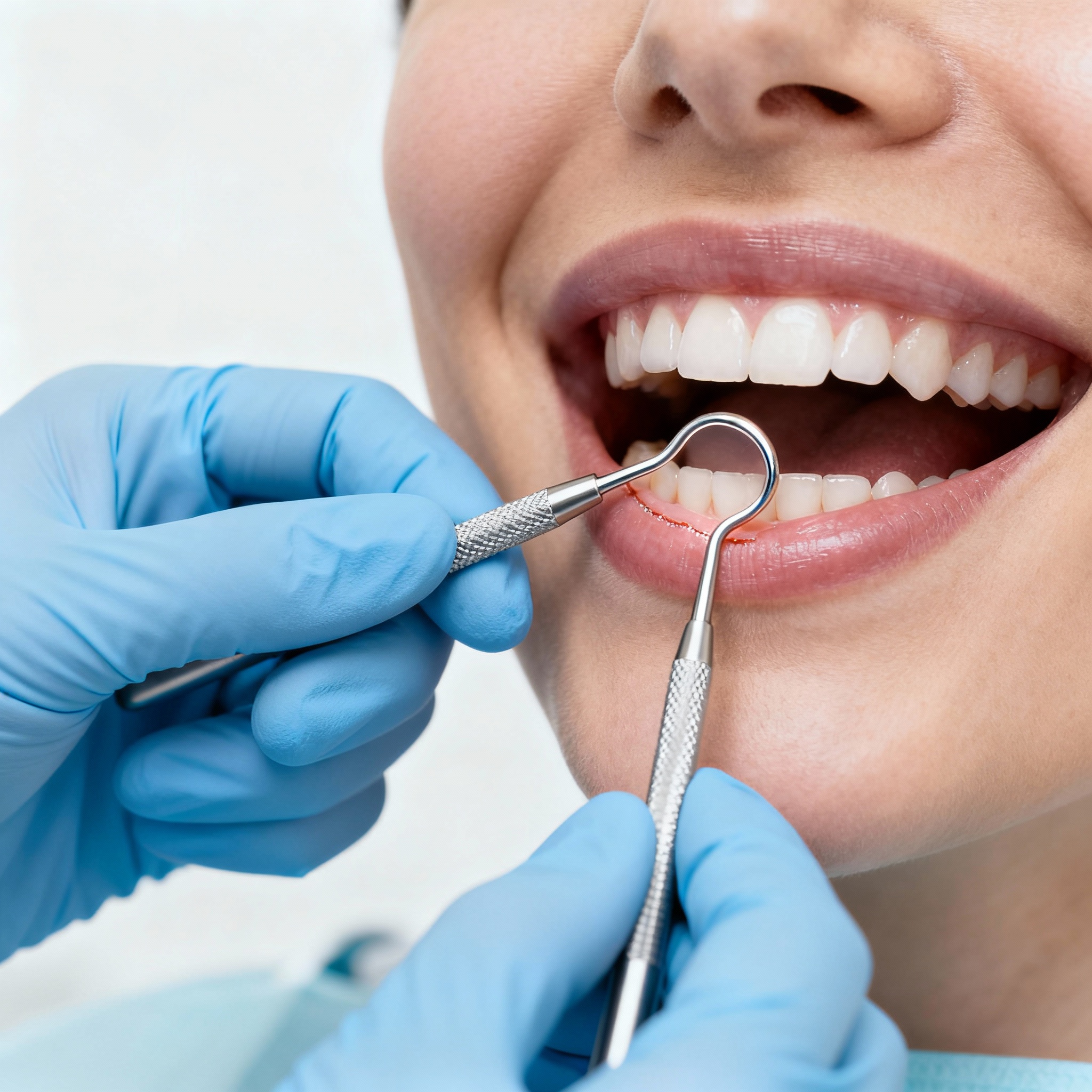 Photorealistic close-up of a dental hygienist performing a periodontal charting exam, gloved hands with periodontal probe ...