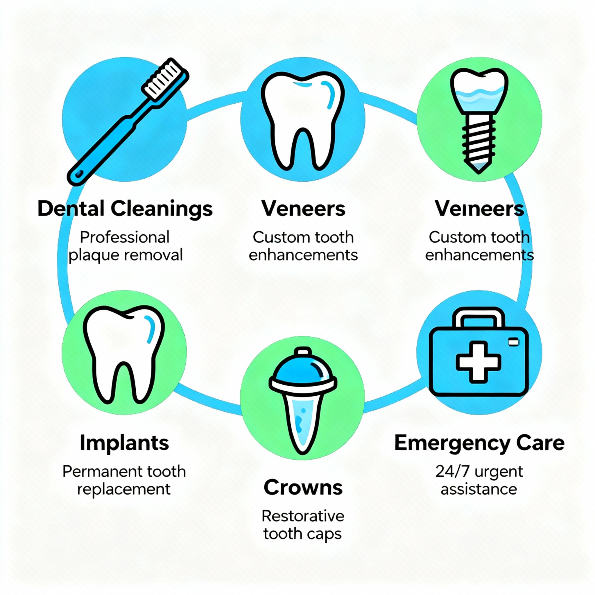 Modern infographic style illustration showing an overview of services, including dental cleanings, veneers, implants, crow...