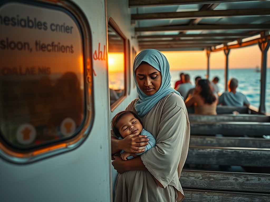 A Mother Stands on a Train While Passengers Watch Political Screens