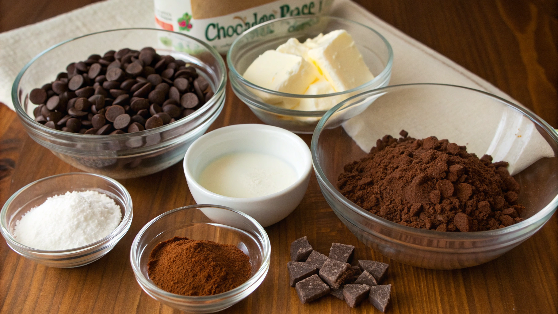 Chocolate truffle ingredients arranged on a marble countertop