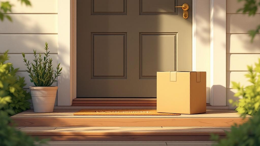 Cartoon discreet cannabis package on doorstep delivery