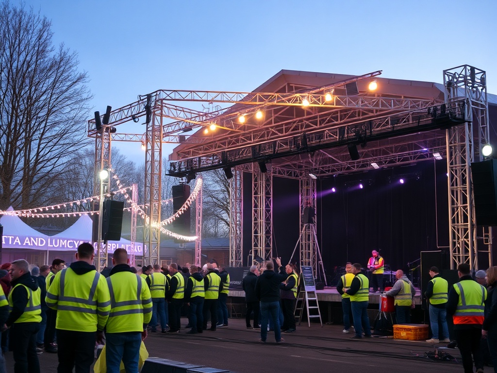 Diverse team of festival crew members assembling event infrastructure and stage rigging with Christmas lights in evening winter atmosphere