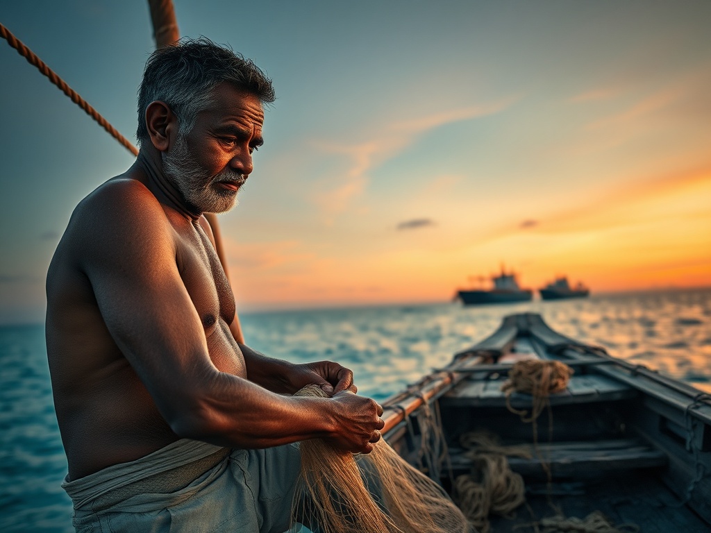Fishermen Mending Nets as Cargo Ships Cross Their Horizon
