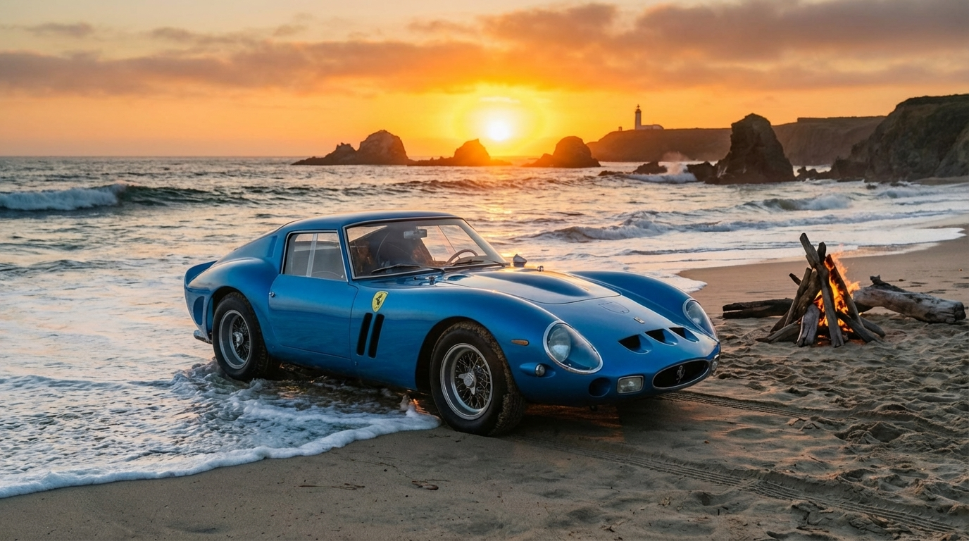Refined image where the car is now blue and the scene is at sunset, via Nano Banana 2