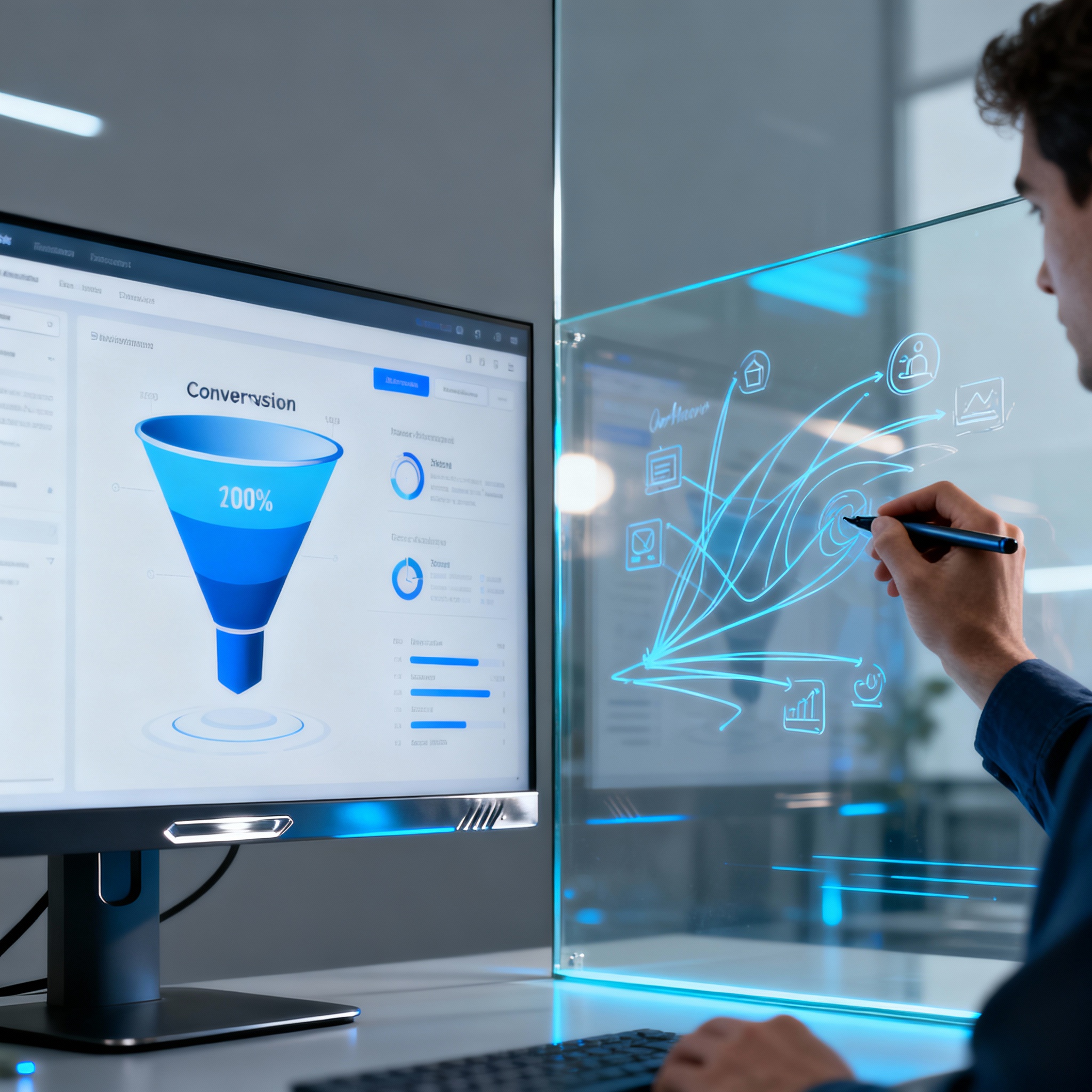 Photorealistic but modern split-screen: left shows a clean dashboard with funnel conversion metrics, right shows a person ...