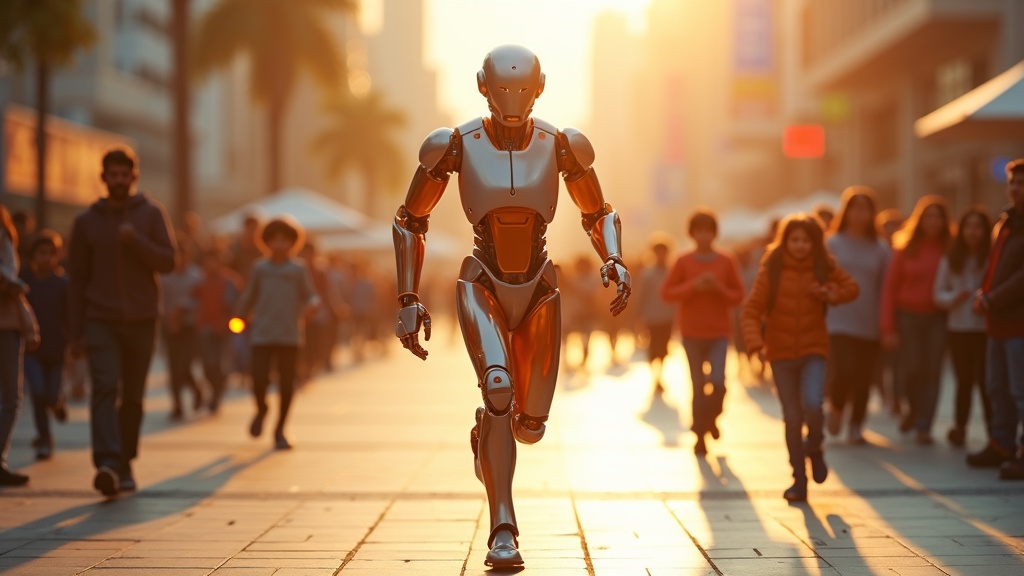 El Robot Humanoide Chavo del 8 corriendo ágilmente por una calle de Tamaulipas, México.