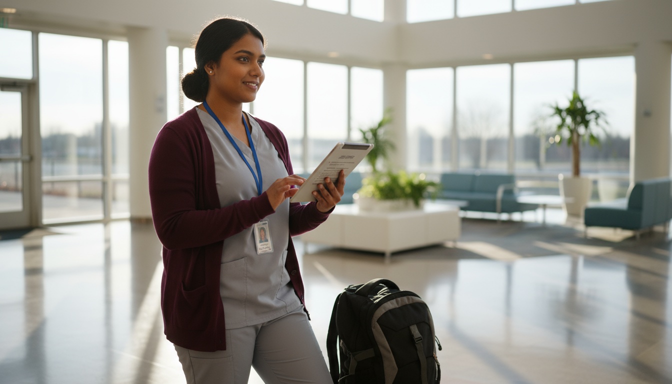 Young South Asian occupational therapist standing in a sunlit hospital lobby, scrolling a tablet with a travel backpack at her feet and an ID badge visible; warm golden-hour light and deep aubergine accents create an inviting, confident scene.