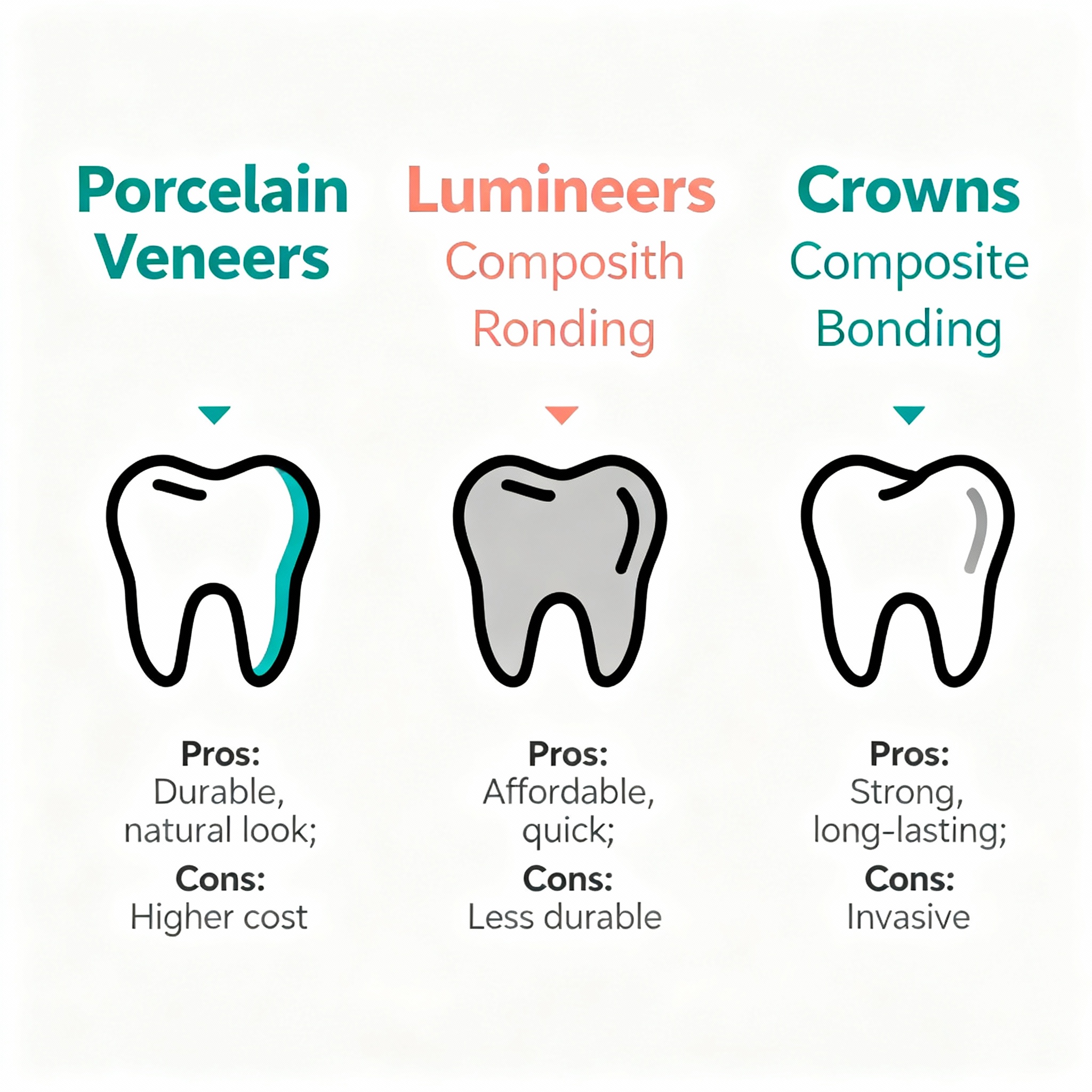 Modern infographic-style illustration showing a cost comparison chart for veneers: porcelain veneers, Lumineers, composite...