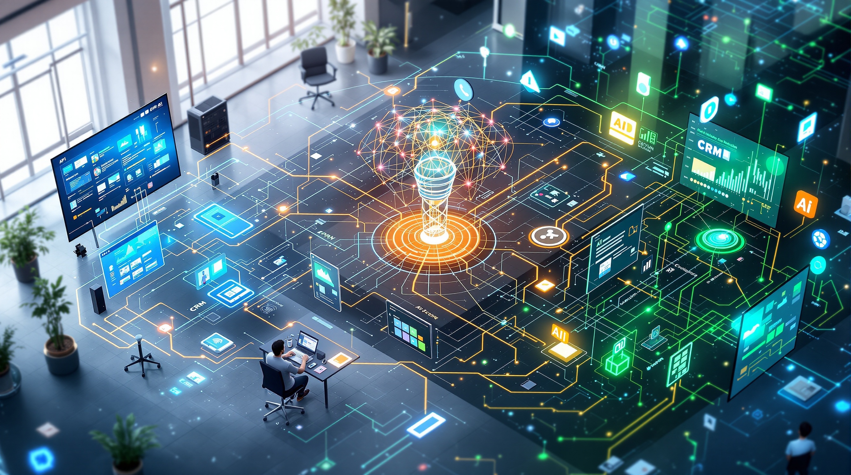 Infographic showing three key modes of AI integration — API-based, custom model embedding, and no-code/low-code platforms interconnected between business systems.