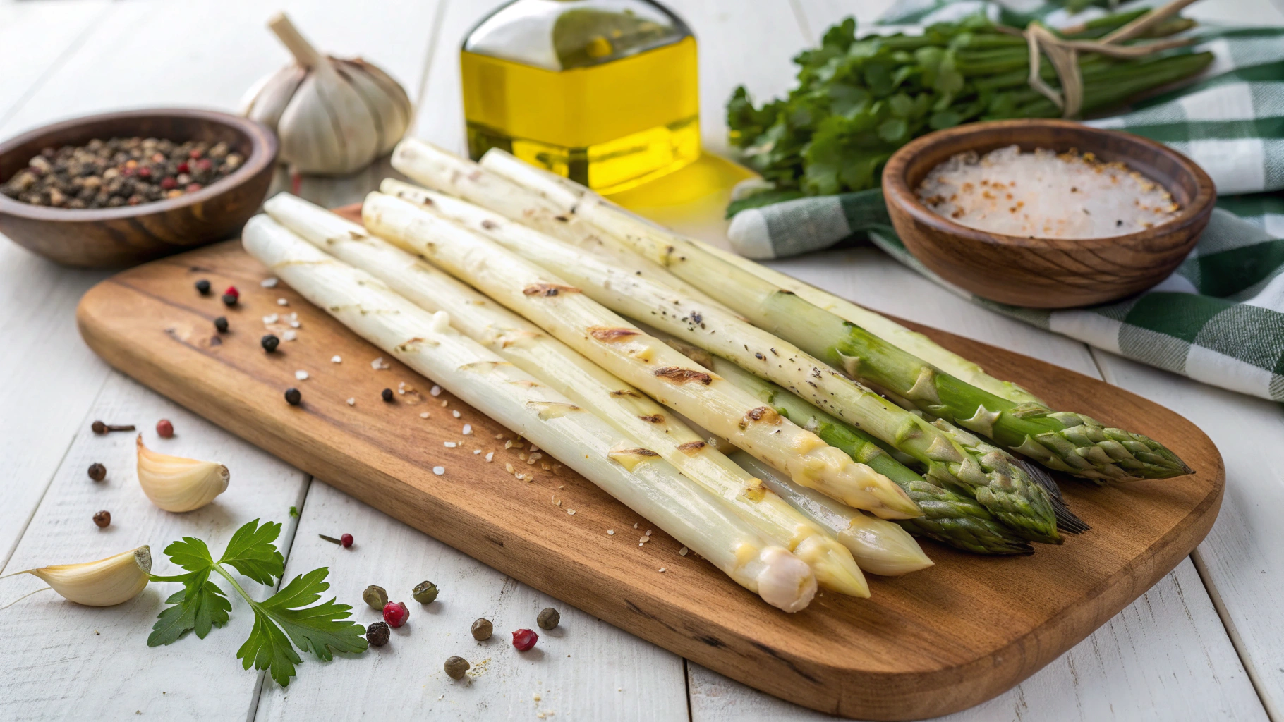 White asparagus spears with various ingredients