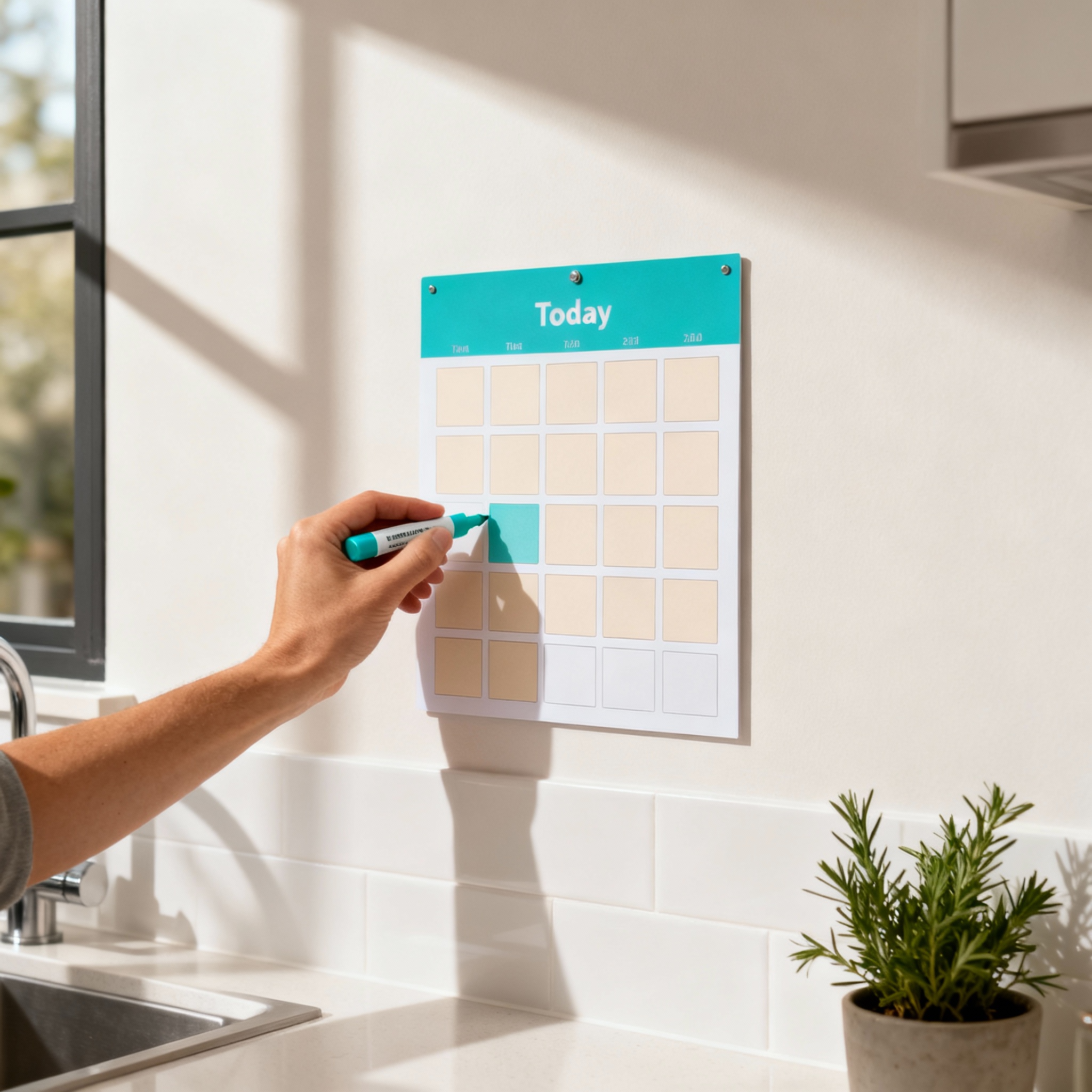 Photorealistic shot of a person checking a simple habit calendar on a kitchen wall. Clean, modern kitchen, natural dayligh...