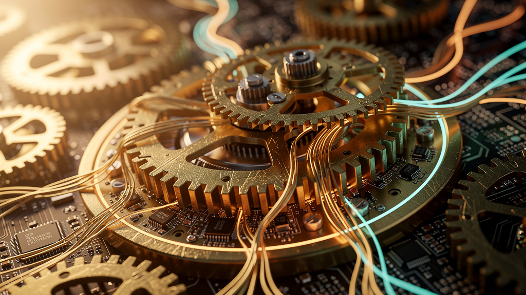 Mechanical and digital components representing AI agent architecture