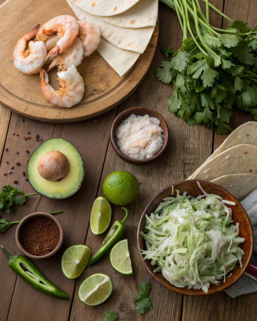 Fresh ingredients for spicy shrimp tacos with garlic cilantro lime slaw arranged on marble surface