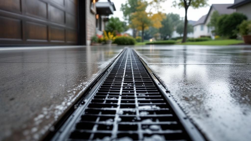 Channel drain installed in driveway preventing garage water entry