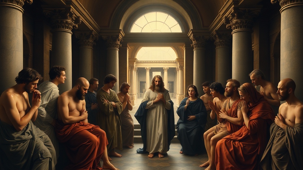 르네상스풍의 인물들이 모여 양심과 공의를 묵상하는 장면