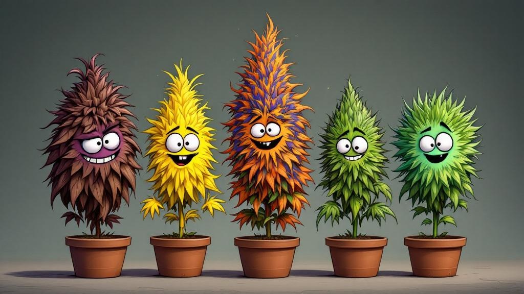 Cartoon representation of five potent cannabis varieties
