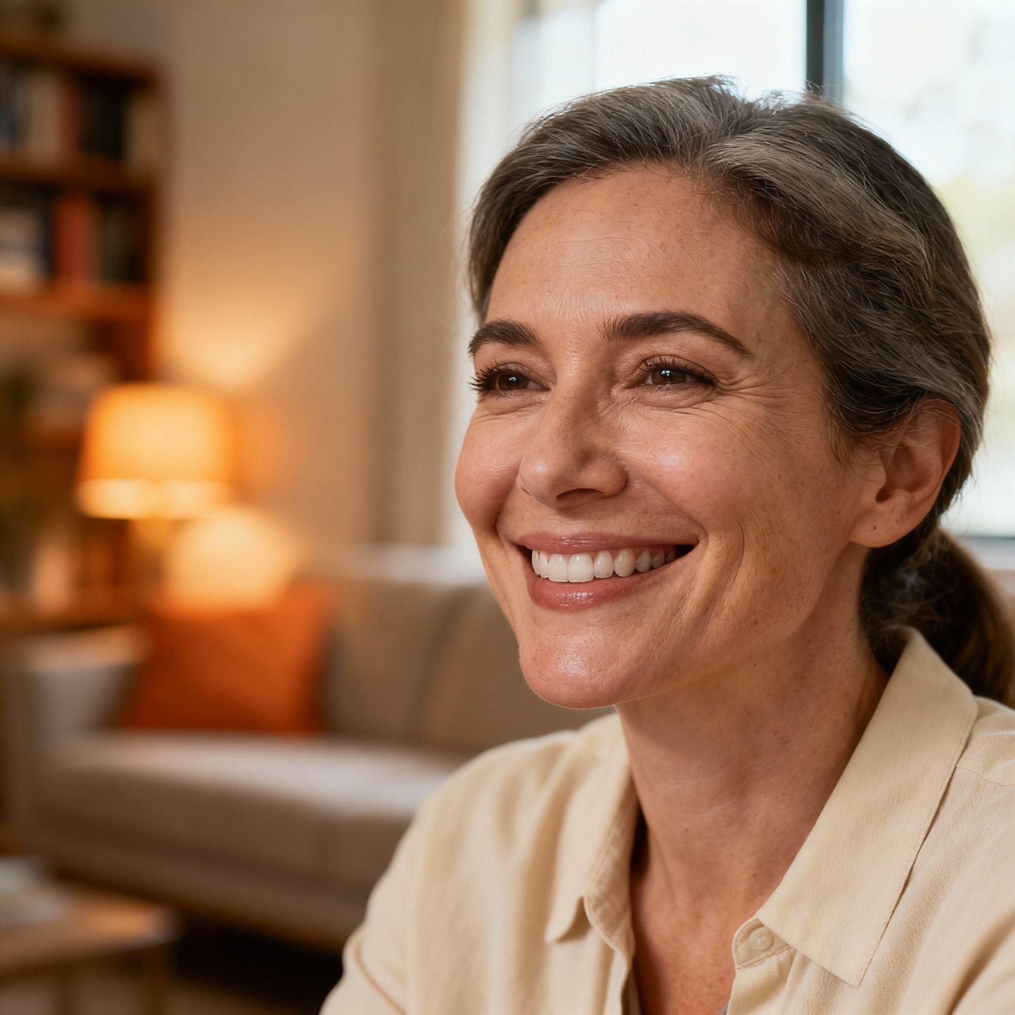 Photorealistic close-up of a patient smiling after a telehealth session, warm neutral tones, candid and reassuring mood, s...