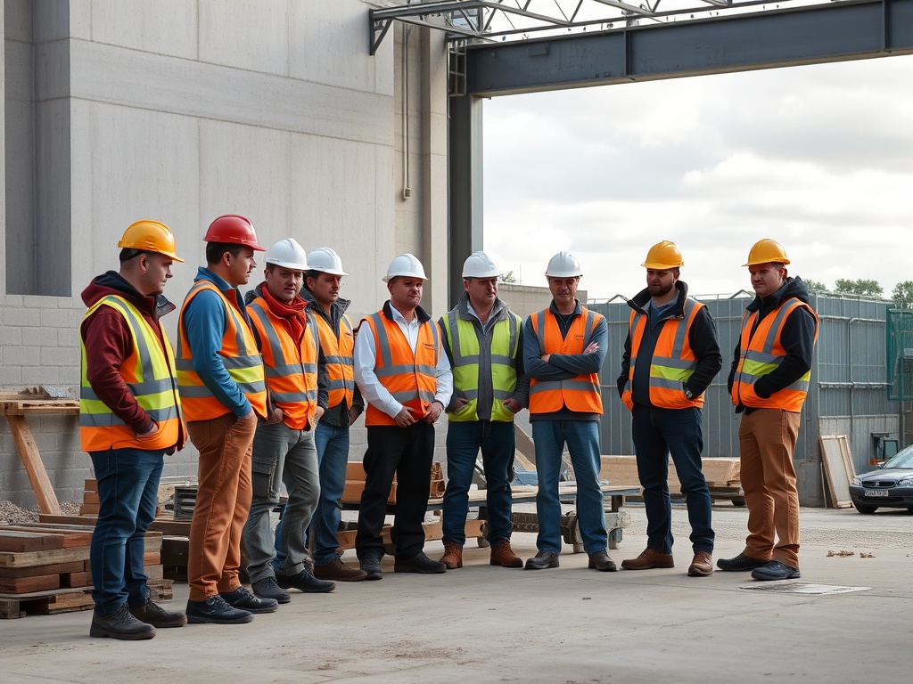 Diverse team of construction labourers on site including bricklayers, carpenters, and general labourers working on West Midlands building project