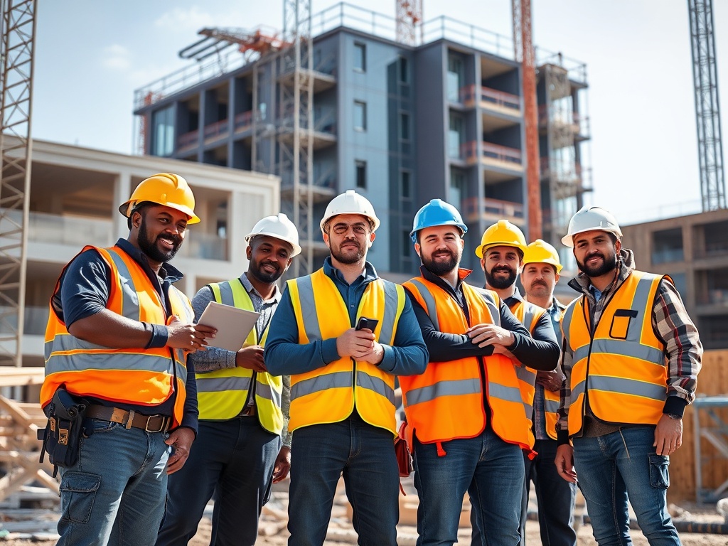 Professional construction workers collaborating on building site in Southall London, diverse skilled laborers in safety equipment