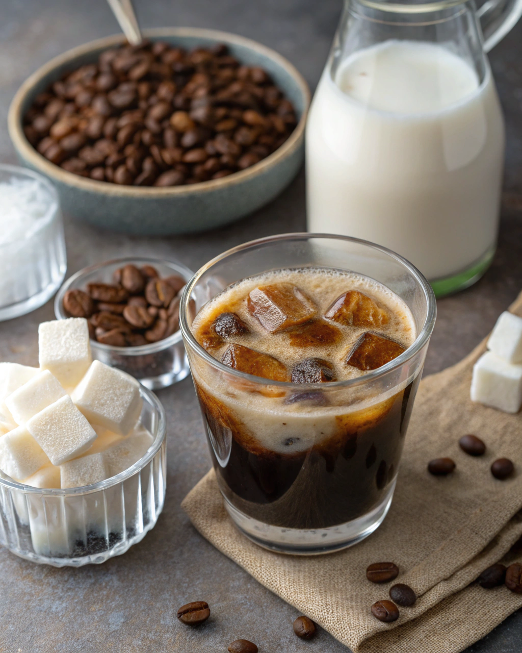 dalgona whipped coffee ingredients laid out on clean white counter