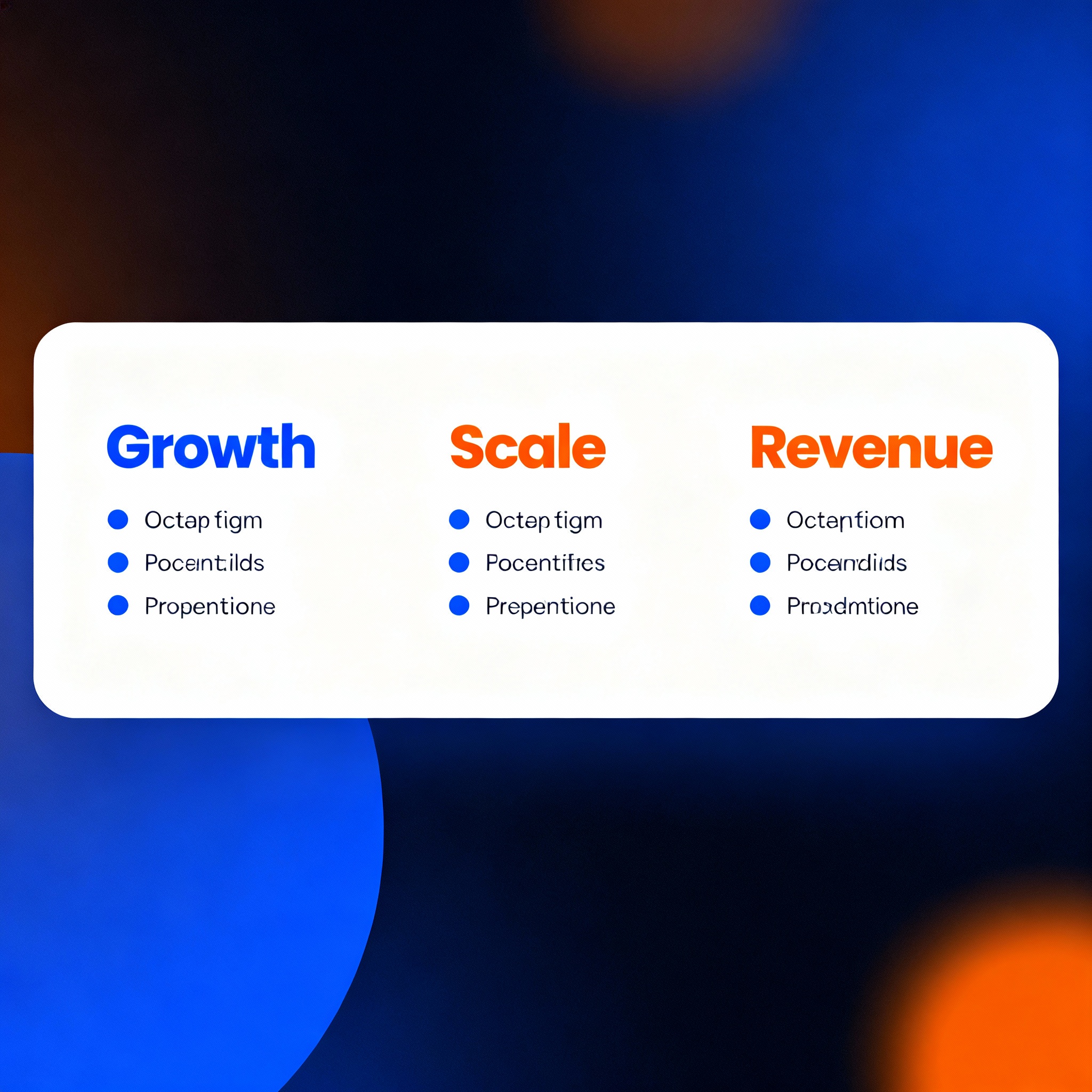 Minimalist infographic style horizontal layout showing three agency pricing tiers named Growth, Scale, Revenue, each with ...