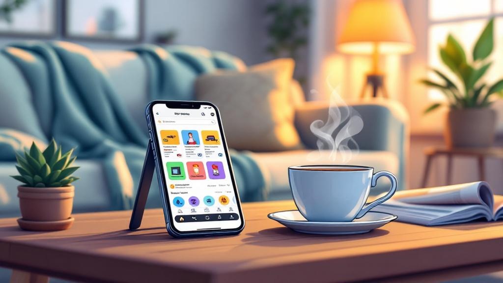 Cartoon smartphone shopping on cozy coffee table