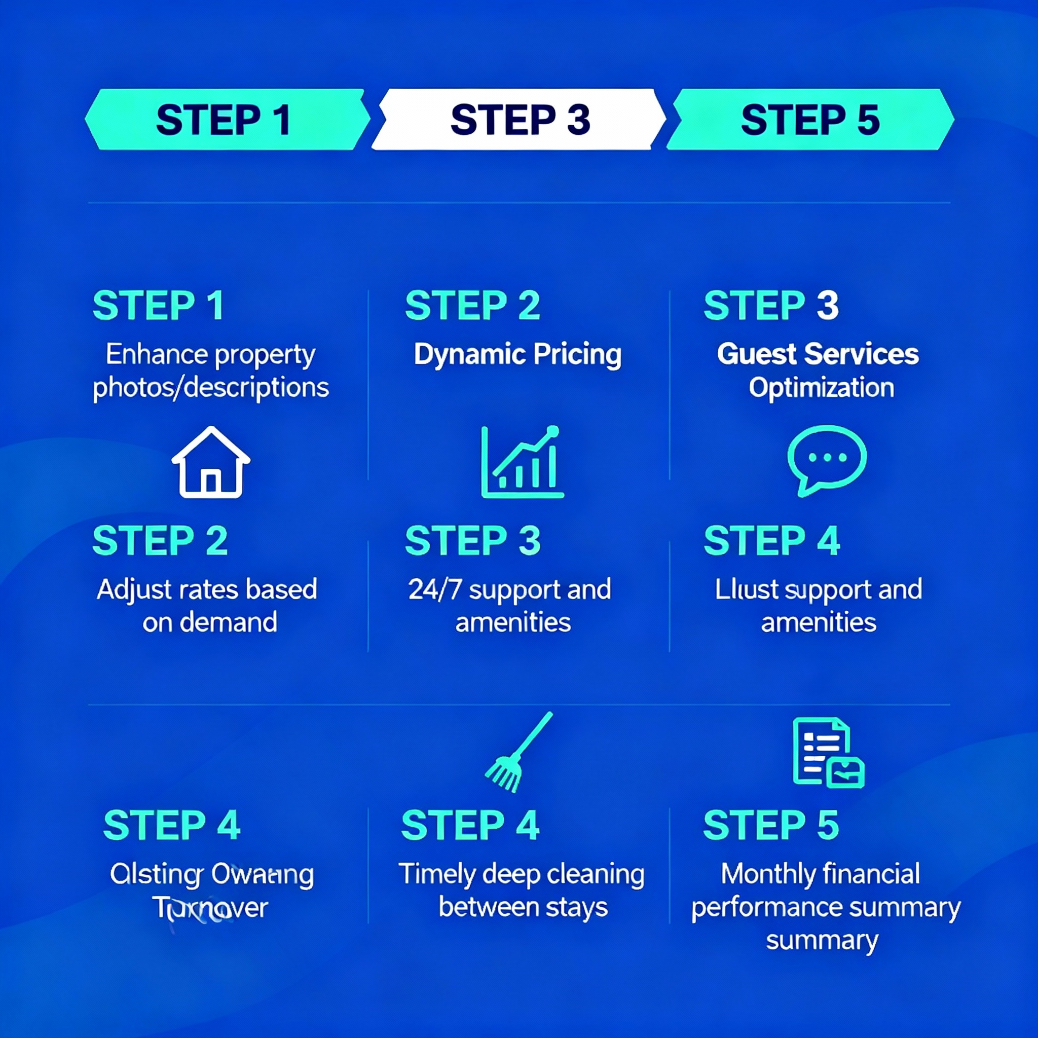 Infographic-style modern diagram showing the vacation rental revenue funnel: listing optimization, dynamic pricing, guest ...