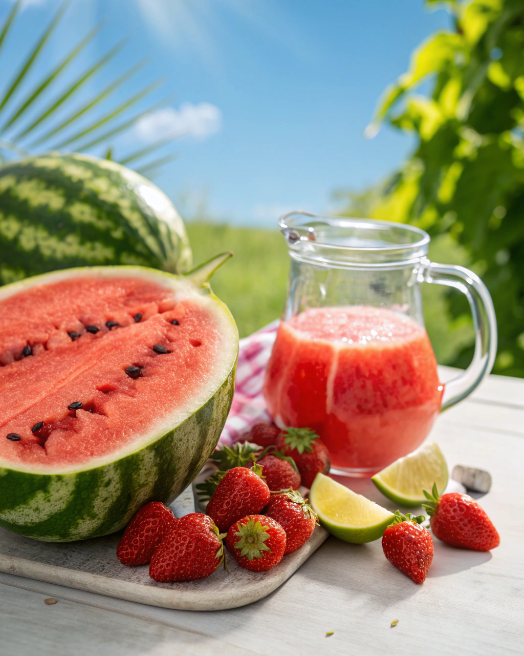 Watermelon Strawberry Mocktail ingredients laid out on clean white counter