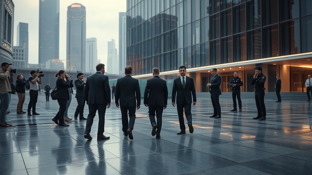 현대적 건물 앞에서 신중히 법적 절차가 진행되는 장면을 연출한 사진 스타일
