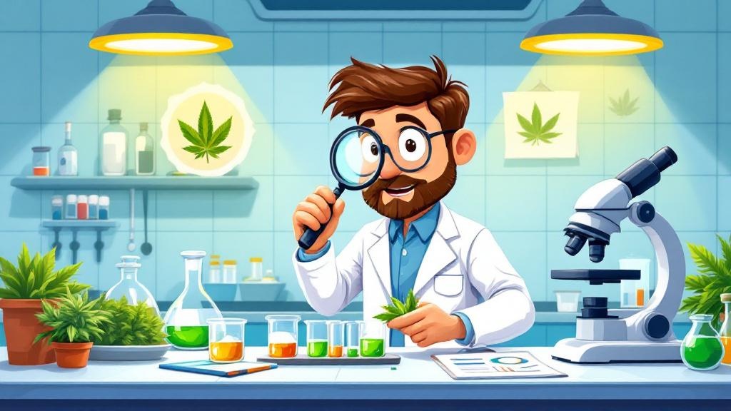 Cartoon scientist conducting cannabis quality testing in laboratory