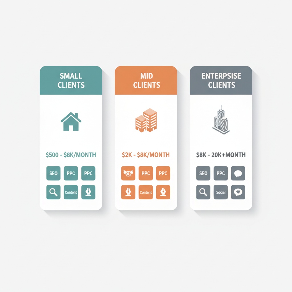 Isometric infographic showing three columns for Small, Mid, and Enterprise clients with typical monthly retainer ranges an...